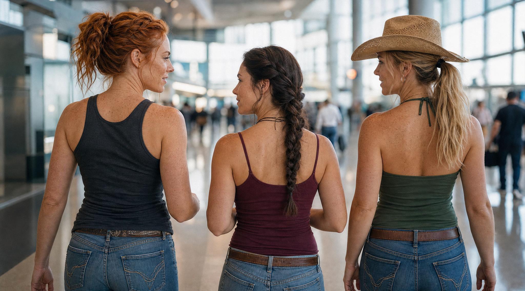 Madison, Kendra, and Cassie walking together through an airport terminal